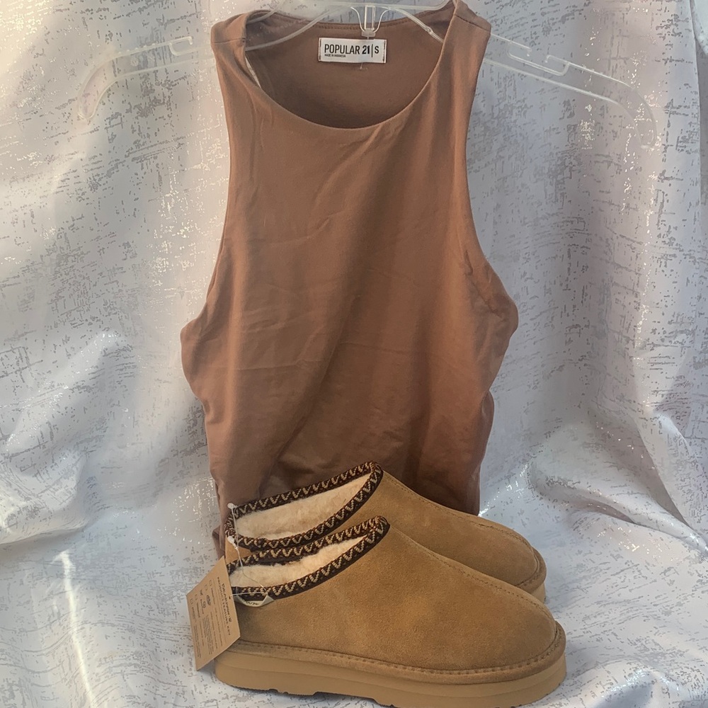 BearPaw Tan Suede Slip-On Shearling Lined Slippers